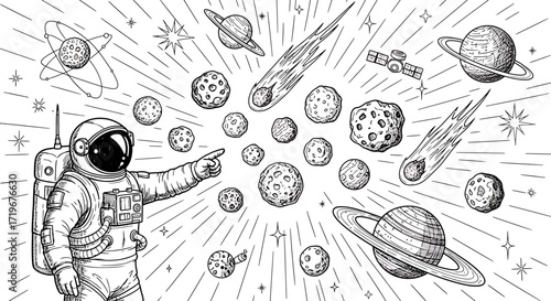 Hand-Drawn Astronaut Pointing Amidst Planets, Asteroids, Comets, and Satellite in Space