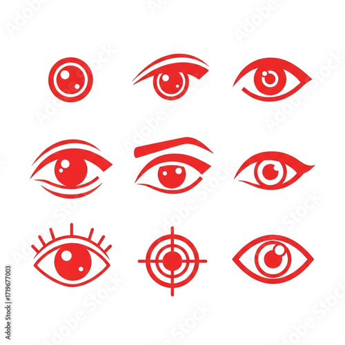 Red Eye Icon Set Stylized Vision Sight and Target Symbols.