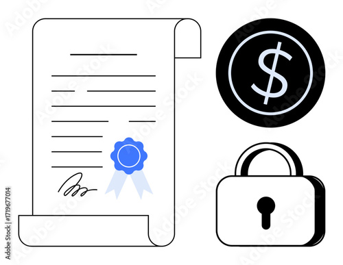 Agreement with text and seal, black dollar coin, and lock. Ideal for finance, legal contract, document security, financial trust, compliance, asset protection simple flat metaphor
