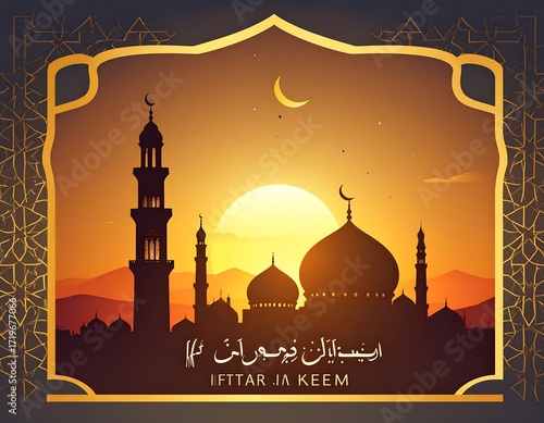 Islamic sunset scene with mosque silhouette