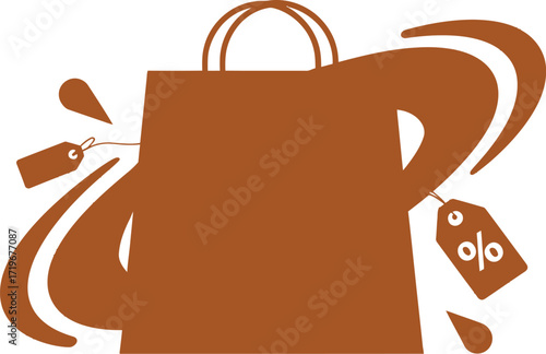Brown shopping bag with price tags and swirling motion, symbolizing retail and discounts