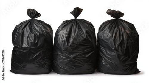 Garbage bag filled with waste tied at top, black plastic trash bags standing side by side on white background, clean and organized disposal concept