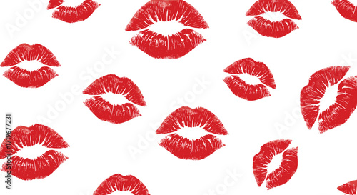 A sweet collection of red lipstick kiss prints on a white background.