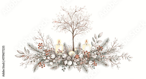Winter floral arrangement with candles, branches, and snowflakes in a festive holiday centerpiece