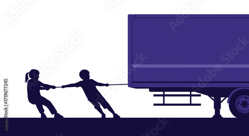 Two people are pulling a trailer with a rope.