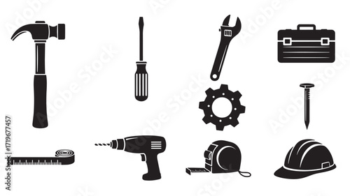 Set of 9 black tools icons hammer screwdriver wrench toolbox drill gear nail helmet measuring tape Vector illu