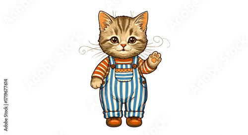 A cartoon cat wearing striped overalls stands on its hind legs, waving, in a simple vector illustration.