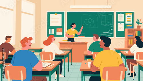 In the classroom, the teacher is giving a lesson to the students, with hand-drawn vector illustrations