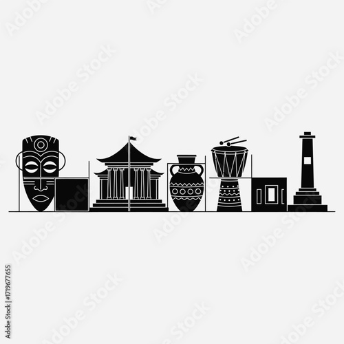 Black and white silhouettes of cultural landmarks and artifacts, a symbol of heritage and history
