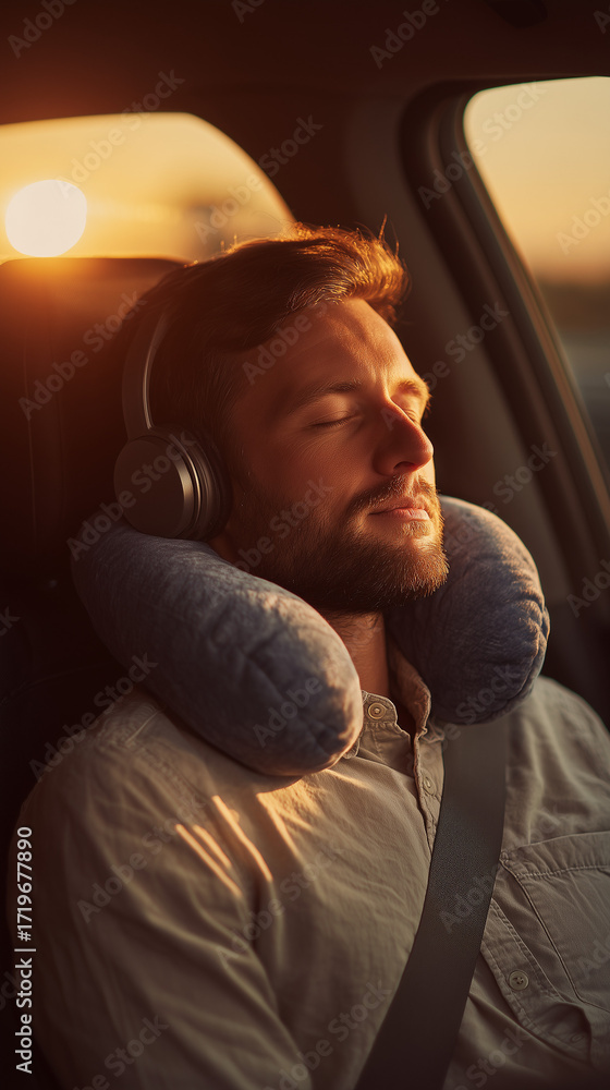 Fototapeta premium Peaceful Man Resting in Car Seat at Sunset with Neck Pillow and Headphones – Cinematic Road Trip Moment