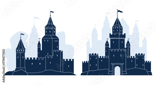 Two distinct medieval fortresses stand against a hazy city backdrop.