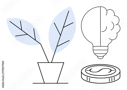 Plant with leaves, light bulb, and coin emphasizing eco-friendly innovation, investment, and growth. Ideal for sustainability, creativity, finance, development ecology green energy simple flat