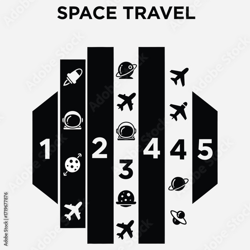 Abstract infographic illustrating the progressive stages of humanity's journey towards future interstellar voyages and cosmic exploration with modern and futuristic transportation icons