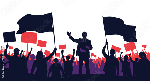 A diverse crowd of people gathered for a rally with banners and flags waving in the air as a speaker addresses the masses.