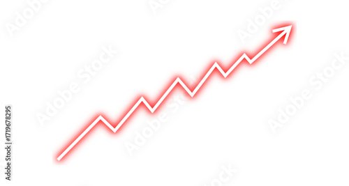 Red neon arrow graph line chart moving up concept of stock market business growth, financial profit, business grow up sign. Increase inflation, business debt, business risk. Vector illustration.