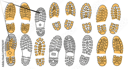 Footwear tread patterns for identifying different shoe types and their unique characteristics.