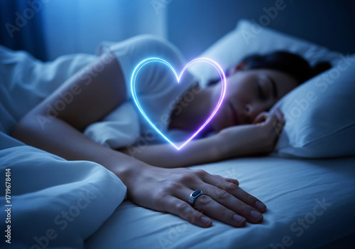 Futuristic photo of sleeping woman with Oura smart ring and glowing holographic data visualizations of health and sleep metrics. Importance of restful sleep, wellness, and modern health technology.