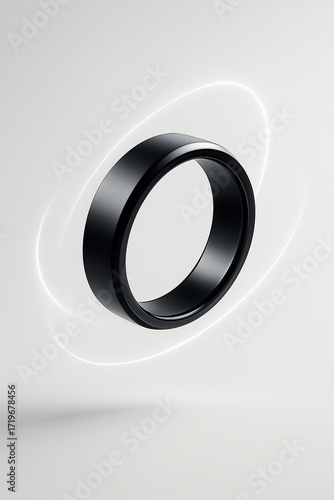 Close-up of modern black smart ring. Sleek, black ring with glowing, abstract light lines and particles, representing data and connectivity. Minimalist, and futuristic aesthetic. Digital lifestyle.