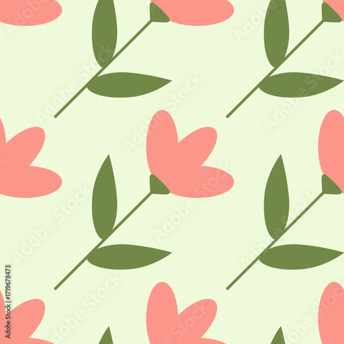 Seamless Pattern of Pink Flowers and Green Leaves