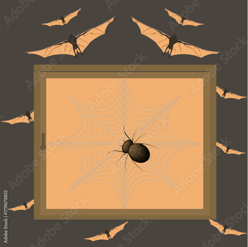Window with Spider and Bat-Human Silhouette. Vector illustration on a dark gray background featuring a slightly open light-orange window. A light spider web and a brown spider are visible on the glass