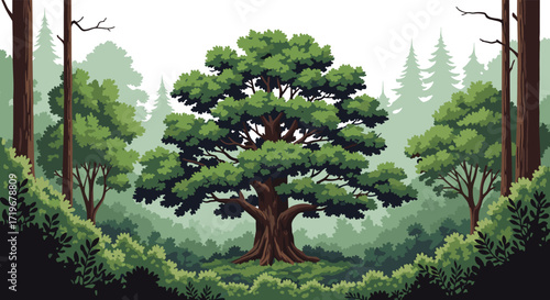 A majestic ancient oak tree stands tall in a serene forest setting.
