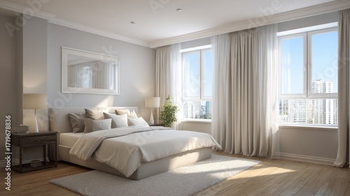Bright and Serene Modern Bedroom with Large Windows and Soft Lighting for a Cozy Atmosphere
