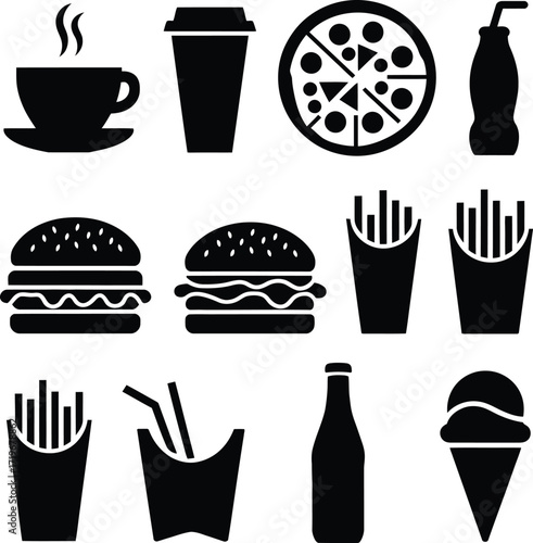 Vector art of collection of fast food icons includes burger, pizza, coffee, soda, and fries, perfect for restaurant menus and food apps