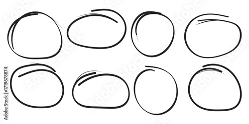 Hand drawn circle highlighter line sketch set. Vector marker circular lines, doodle round circles for message note mark design element. Round freehand shapes, emphasis highlights