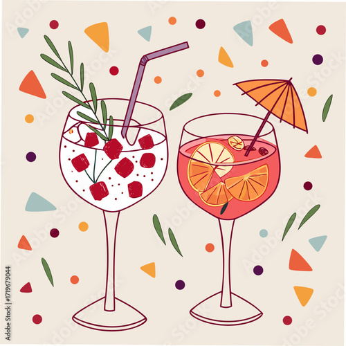Enjoy refreshing cocktails with ice cubes, citrus, and a tiny umbrella, perfect for summer parties and tropical vibes, originally designed as scalable vector art