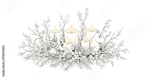 Winter scene illustration of candles surrounded by snow-covered branches and foliage in a serene atmosphere from a front viewpoint 1589.eps