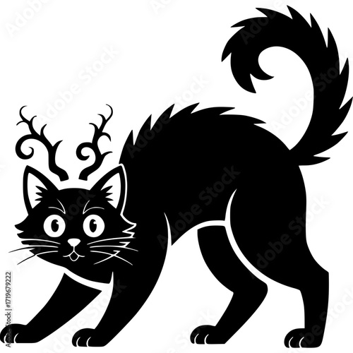 Halloween Cat Silhouette: A whimsical black cat with an arched back and decorative antlers, perfect for Halloween, with an expressive, dynamic design.