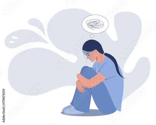 Sad and teenager girl sits on the floor with tangled thoughts.  Loneliness, depression, sorrow, sadness, mental disorder, anxiety. Teenage need psychotherapy help, empathy, support