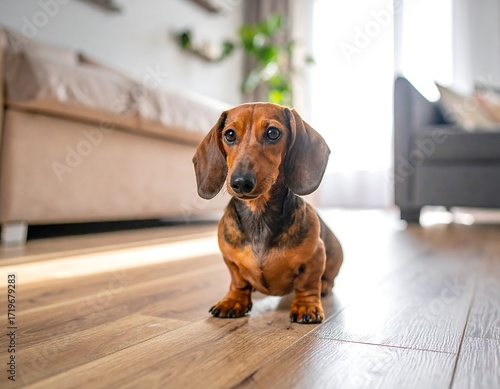 Adorable dachshund sitting on a wooden floor in a cozy home
