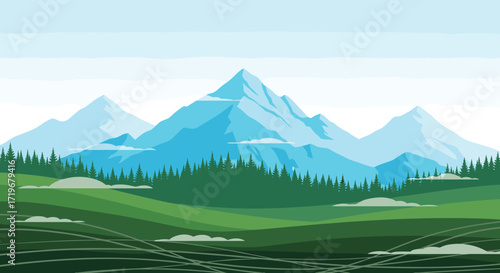 A serene pixel art landscape features rolling green hills leading to majestic snow-capped mountains under a clear blue sky.
