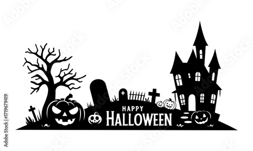 Halloween vector illustration design background with spooky pumpkins, haunted castle, graveyard and trees.