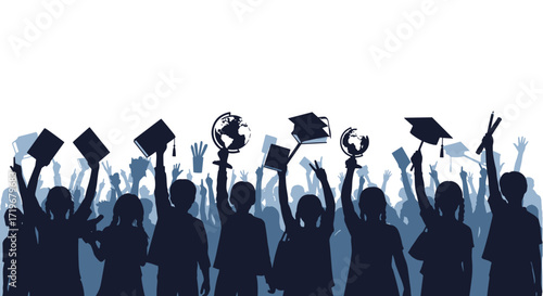 Celebration of graduation with students holding caps and globes symbolizing achievement and global education opportunities.