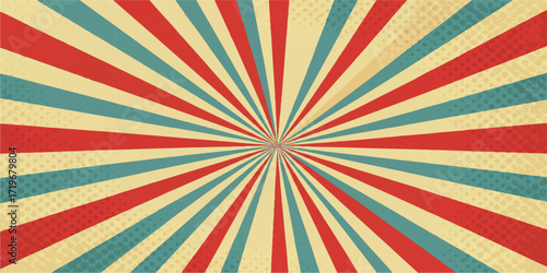 vibrant circus style sunburst background alternating red teal stripes textured yellow lively energetic atmosphere