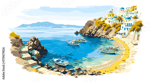 Scenic coastal landscape with boats anchored near rocky shoreline and traditional architecture