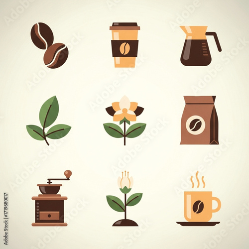 A collection of coffee-related icons, including beans, a to-go cup, a carafe, leaves, flowers, a bag, a grinder, and a cup of coffee.