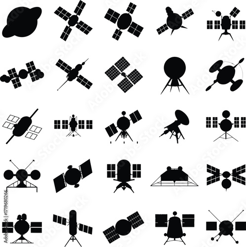 Vector art of collection of satellite icons set of different satellite types and styles, perfect for space or technology related designs