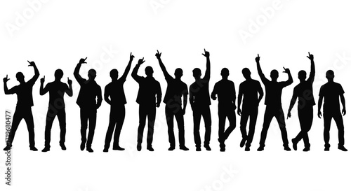 A group of diverse people dancing joyfully and celebrating together in silhouette form.