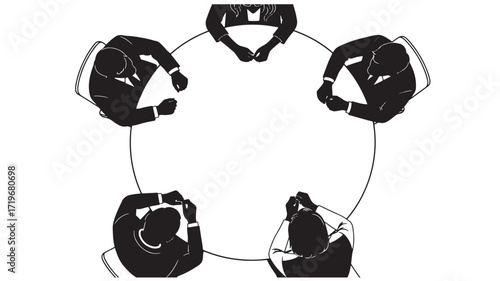 Five Businesspeople Meeting Around Table Top View Business meeting concept Black and white vector illustration
