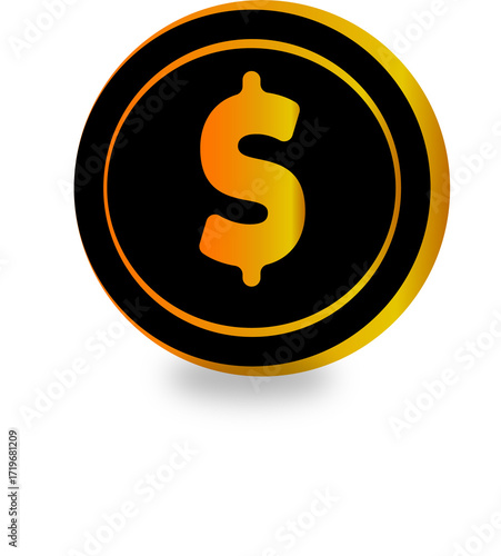 Gold Dollar Sign Coin On Black And Gold Background With Shadow money currency isolated on a transparent background