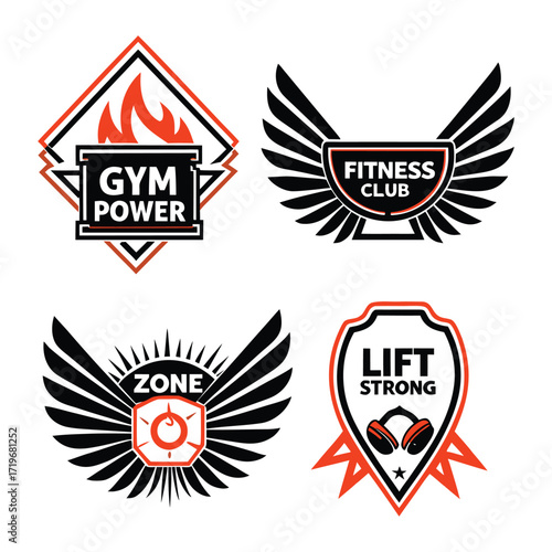 Collection of four distinct fitness and gym emblem logos featuring wings flames shields and motivational slogans for sports and health brands