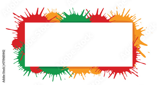 Abstract artistic colorful paint splatters create a vibrant rectangular frame for your creative text.