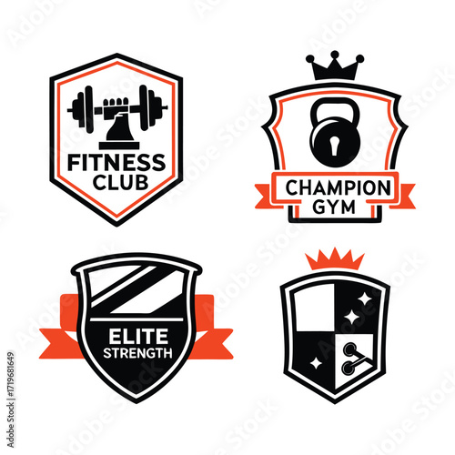Collection of four distinct shield shaped fitness and gym logos featuring dumbbells kettlebells and crowns representing strength and achievement