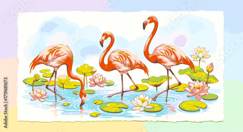 Three flamingos standing in a serene lake with lush greenery and vibrant flowers surrounding them, viewed from a slightly elevated perspective.