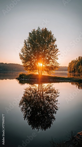 Tree reflection on calm water at sunrise