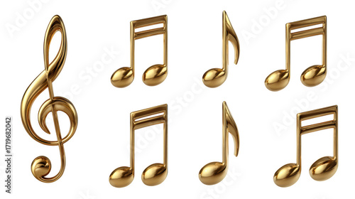 Classic elegant set of music notes in gold. This golden symbol of sound and melody isolated on transparency background evokes feeling of luxurious harmony and creativity