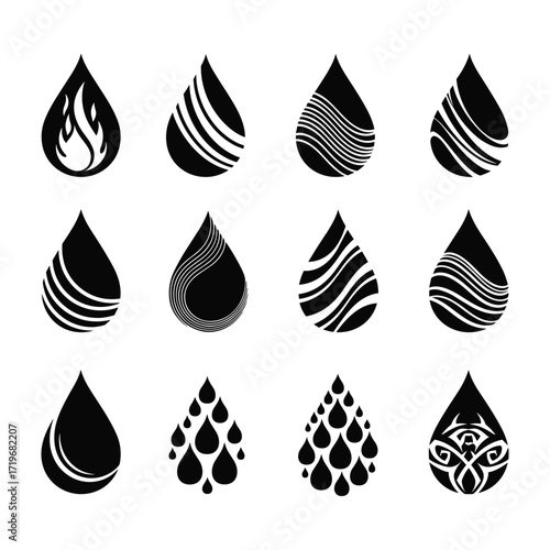 Collection of twelve black water drop icons with diverse internal designs symbol liquid